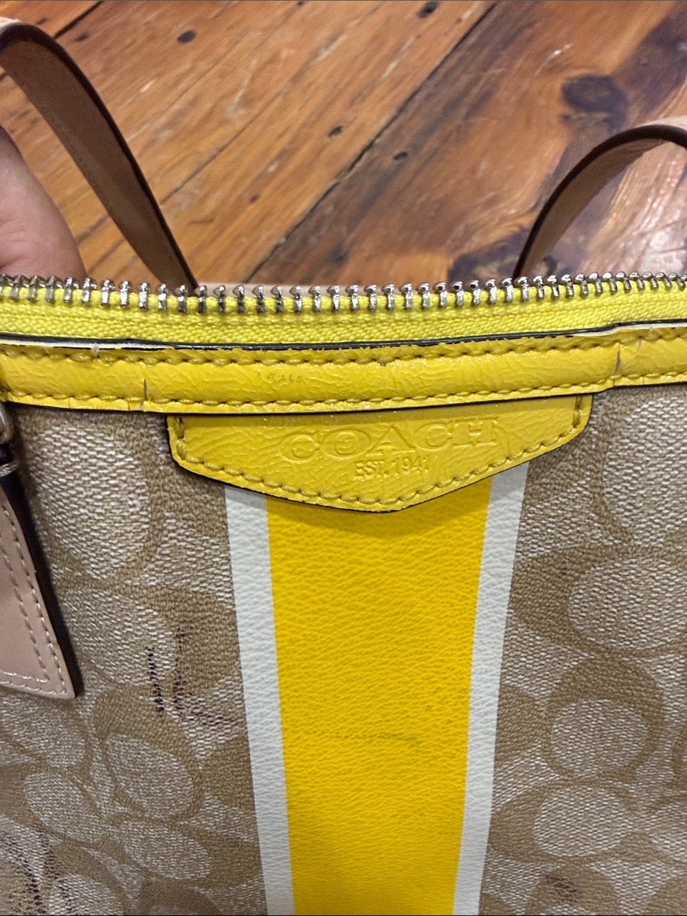 Coach Beige Signature Tote and Wristlet with Yellow and White Stripe - Picture 3 of 13